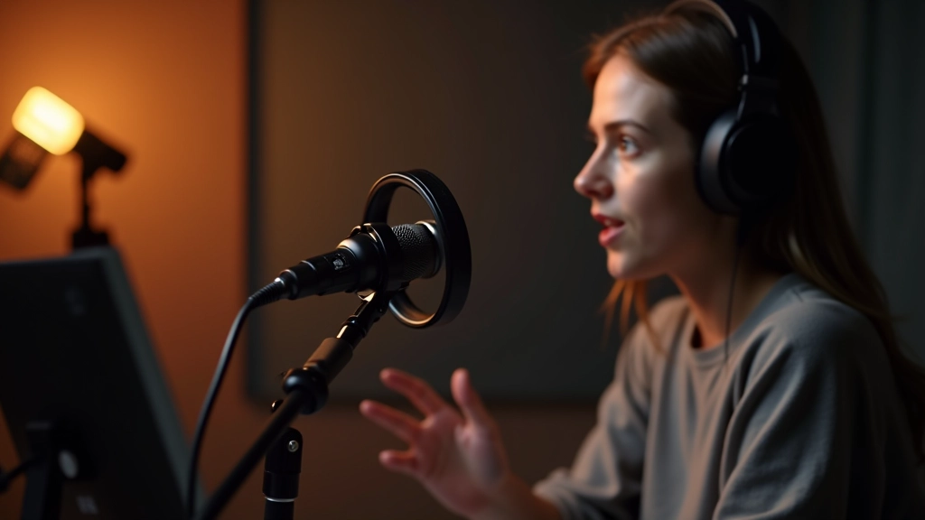 Podcast stuudio, mikrofon, heliloualud, inimene rääkib, helitöötlemise seadmed, tummid nõuded