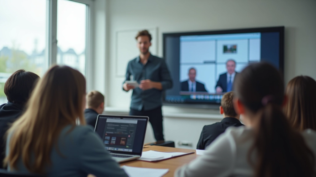 Õpetaja klassiruumis, kasutades arvutit video subtiitritega, õpilased vaatavad ette