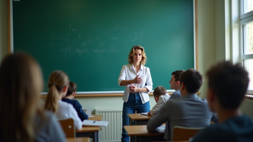 Kooliklassiruumi õpetaja, kes näitab arvutiekraani õpilastele, õppevideo, subtiitrid, roheline tahvel